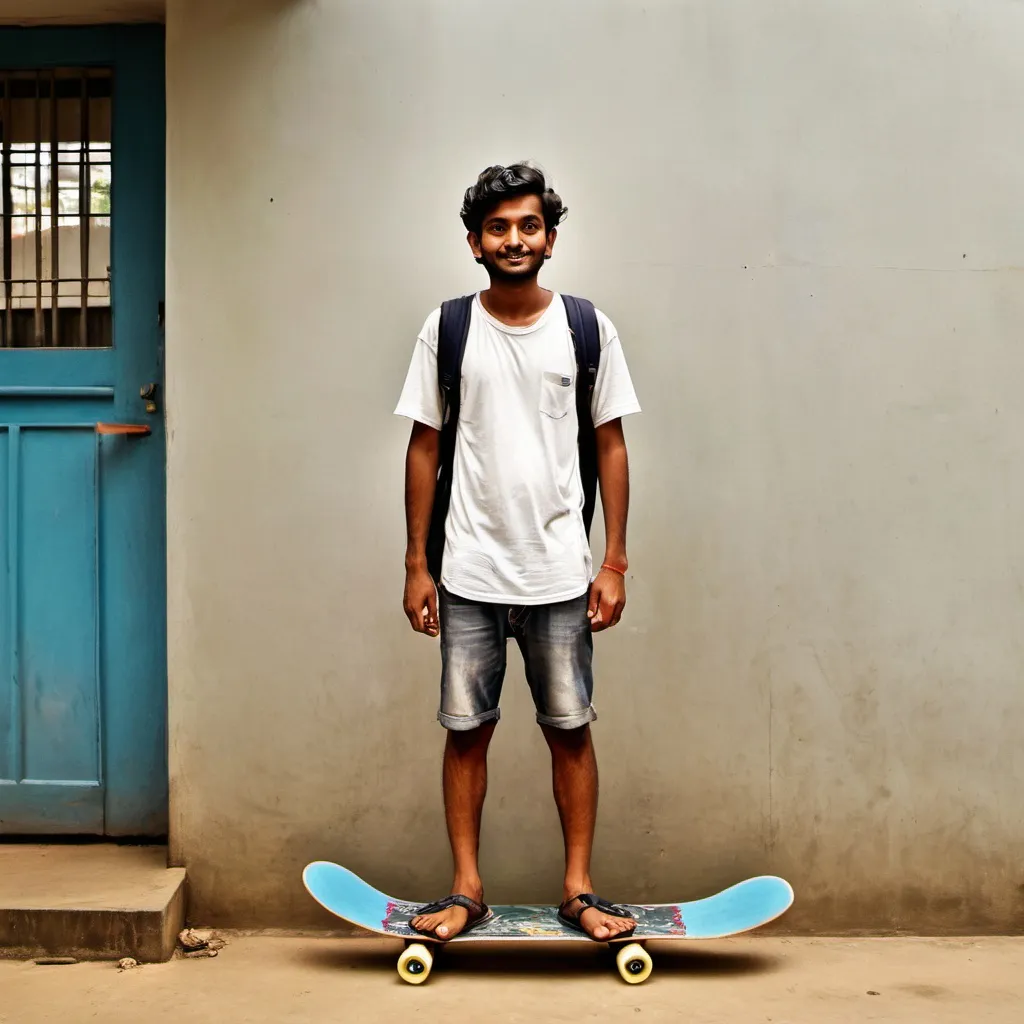 Prompt: a man standing in front of a building with a skateboard in his hand and a skateboard in his other hand, Bikash Bhattacharjee, bengal school of art, jayison devadas, a picture