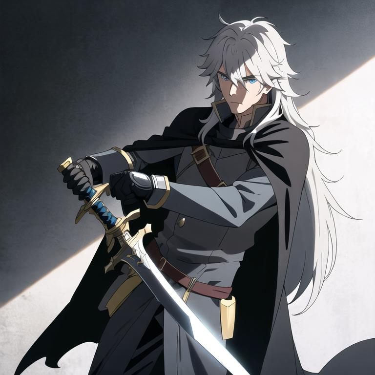 Prompt: A men, handsome, long hair messy hair, wearing a cape, a knight, with iron gloves holding a sword, showing his face, without his helmet, looking to camera