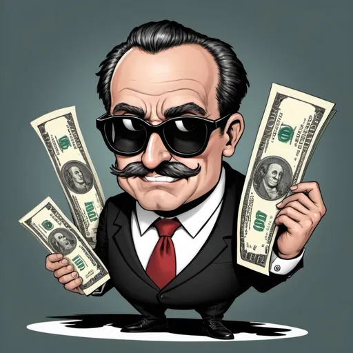 Prompt: Crazy banker cartoon with sunglasses that are dollar sign. Looking devious
Have a title that says "Banko de Spanko"
Have the bills in the back say "Banko de Spanko"
