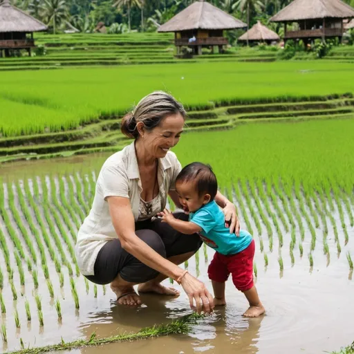 Prompt: Woman in Bali, playing with kids at the rice paddies