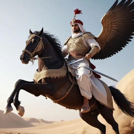 Prompt: A realistic 4K image of a warrior riding a winged horse, wearing traditional Arabic style clothing, holding a sword, in a majestic and dynamic pose