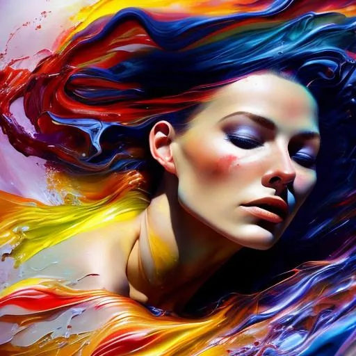 Prompt: <<https://s.mj.run/Fcr5v5oIkQM>> Beautiful Woman dissolving into colorful liquid oil paint, wind, cinematic lighting, photo realistic, 85mm, DSLR quality, artwork by karol bak, fantasy