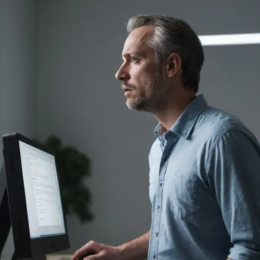 Prompt: a man standing infront of a computer and is wondering about what this is needed for
