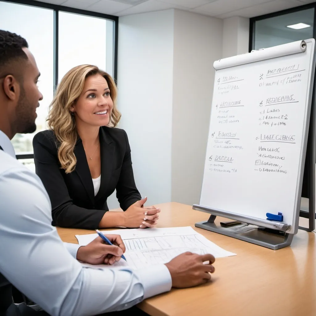 Prompt: Client and loan officer discussing mortgage options, whiteboard with fixed rate, conventional, adjustable rate, and government-backed loan, professional setting, detailed facial expressions, high-quality, realistic, professional, business attire, corporate, detailed whiteboard, financial discussion, focused expressions, clear communication, clean and modern office, natural lighting