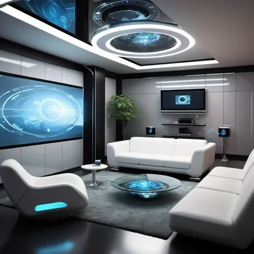 Prompt: Make a Futuristic Living Room in the year 2050 with advanced technology, smart glass, modular furniture, interactive surfaces, holographic displays and glass

