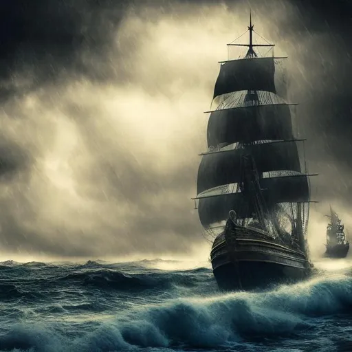 Prompt: a background picture of stormy night on the ocean with a pirate ship coming through the fog