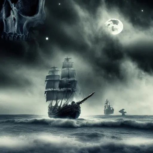 Prompt: a background picture of stormy night on the ocean with a pirate ship coming through the fog transparent skull and crossbones moon
