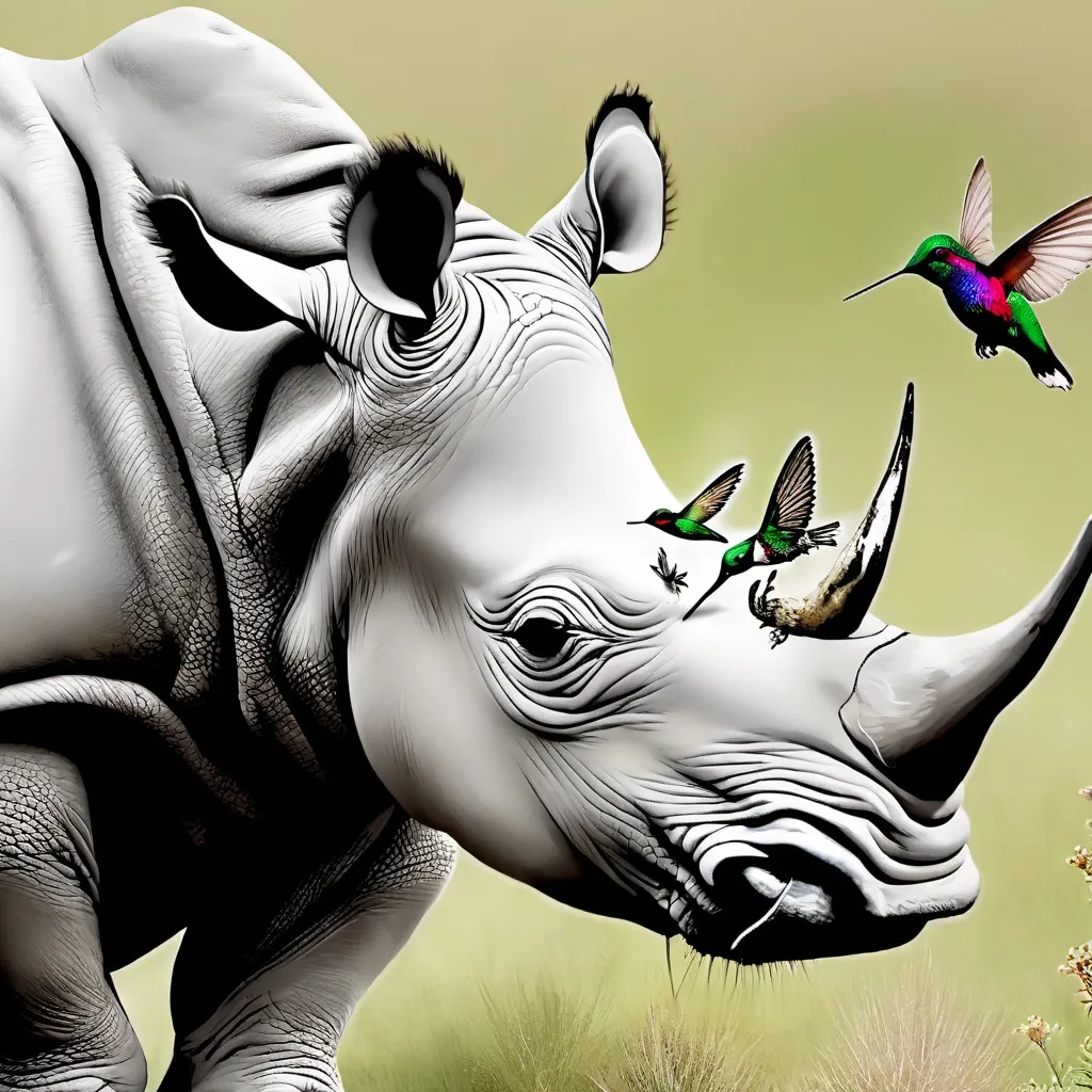 Prompt: black and white rhino with hummingbird siting on rhinos back