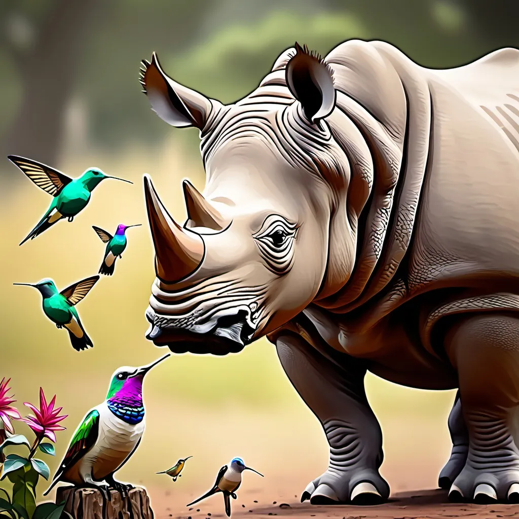 Prompt: rhino with humming birds

