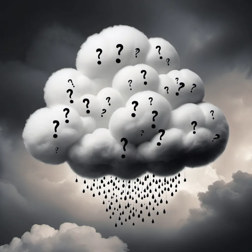 Prompt: You are an artist. Make a white layered cloud filled with black question marks inside the cloud. The marks must be stylish and only inside the cloud.