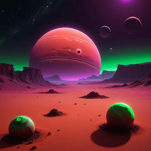 Prompt: A desert in the dark. A purple sky with a massive red planet with rings on the right, a toxic green planet, slightly smaller than the red planet on the left and a small blackhole in the centre between the sky. Make the desert dark and give a neon glow to the planets.