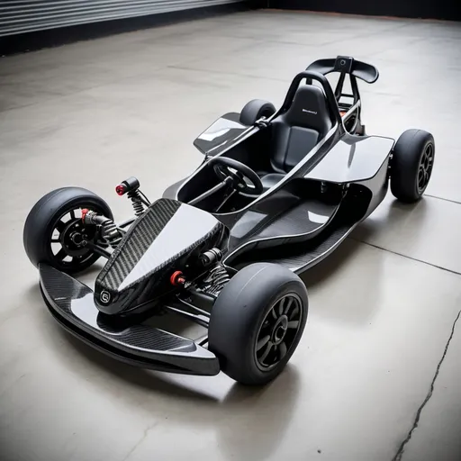 Prompt: A go kart designed with a high watts electric motor, welded with ultra-light aluminum, and wrapped in carbon fiber on an aerodynamically designed body