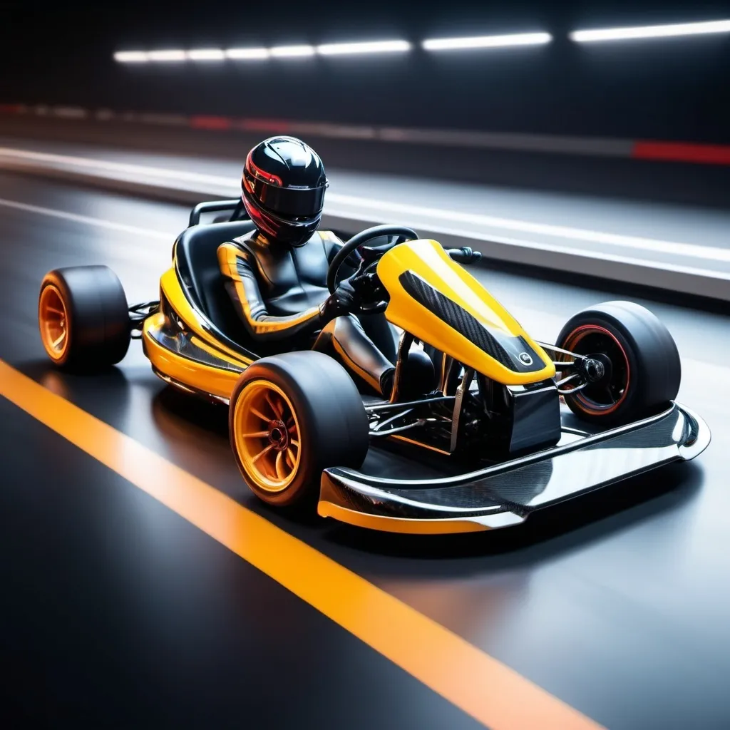 Prompt: A go kart designed with a high watts electric motor, welded with ultra-light aluminum, and wrapped in carbon fiber on an aerodynamically designed body