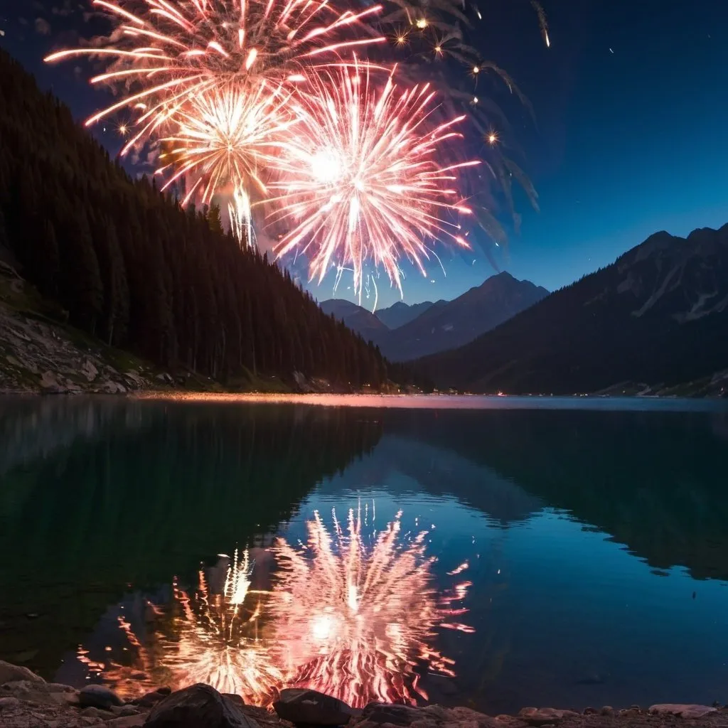 Prompt: Lots of fireworks reflecting on an alpine lake