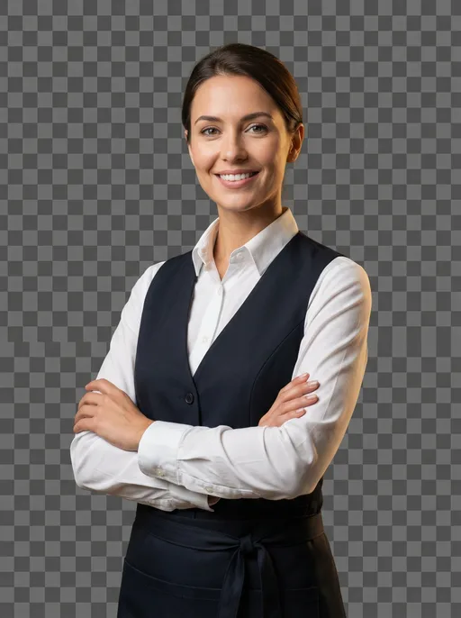 Prompt: Ultra-realistic studio portrait of a hospitality professional (hotel or restaurant staff), standing upright, arms crossed.
Outfit: clean white chef jacket OR elegant hotel uniform (shirt, vest, apron), premium fabric texture, perfectly pressed.
Appearance: adult male or female, welcoming smile, professional grooming.
Lighting: soft warm studio lighting, natural skin tones.
Camera: mid-shot (waist-up), centered composition.
Background: fully transparent background (PNG), no décor, no room, no shadows.
Style: luxury hospitality, corporate branding, professional catalog.
Ultra-realistic, high detail, sharp focus, no CGI, no watermark.