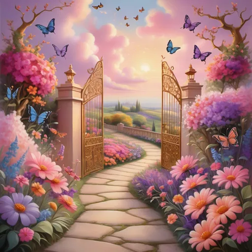 Prompt: A whimsical, winding path lined with vibrant, colorful flowers and fluttering butterflies, leading toward elegant gold gates in the distance. The sky above is painted in dreamy hues of pink and purple, like a glowing sunset, with soft clouds gently floating. The scene is realistic, capturing the warmth of the light and the intricate details of the flowers, butterflies, and the golden gates, creating a magical yet lifelike atmosphere.