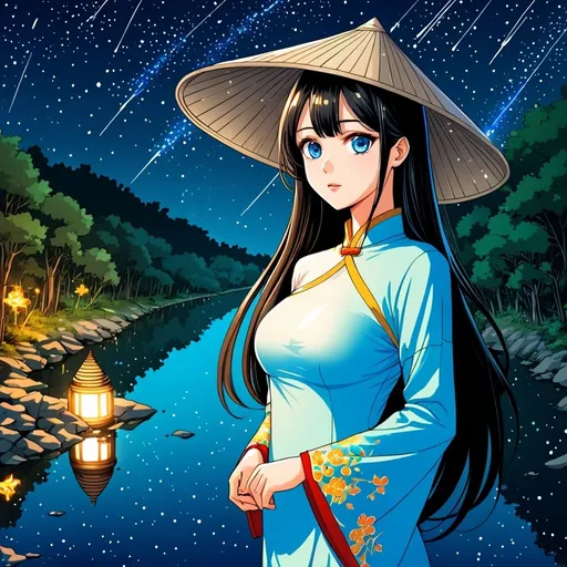 Prompt: Art style Manhwa , beautiful girl has blue eyes and long hair with conical hat and hot body wearing beautiful Ao Dai , forest and river, night sky and light shooting stars , very detailed