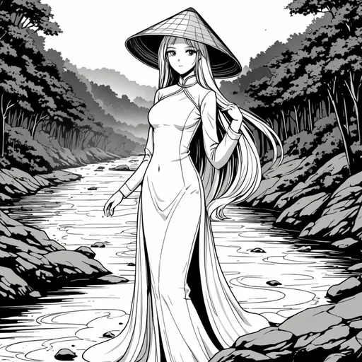 Prompt: Art style Manhwa , black and white line , beautiful girl has long hair with conical hat and hot body wearing beautiful Ao Dai , forest and river, one sun , very detailed