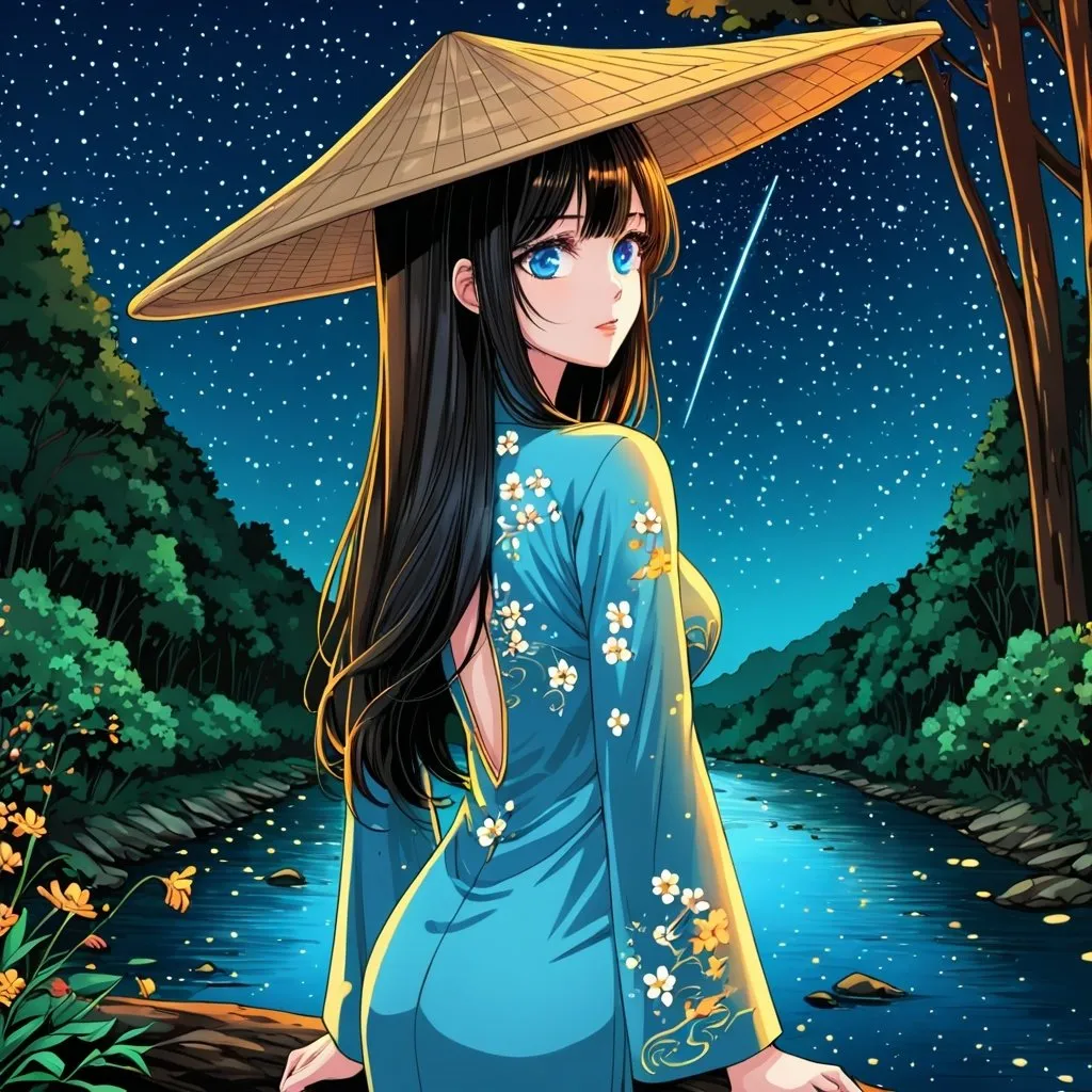 Prompt: Art style Manhwa , beautiful girl has blue eyes and long hair with conical hat and hot body wearing flower Ao Dai , forest and river with night sky and light shooting star back ground , very detailed