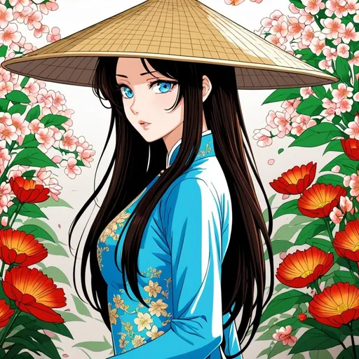 Prompt: Art style Manhwa , beautiful girl has blue eyes and long hair with VietNamese conical hat and hot body wearing simple Ao Dai , flowers back ground, very detailed