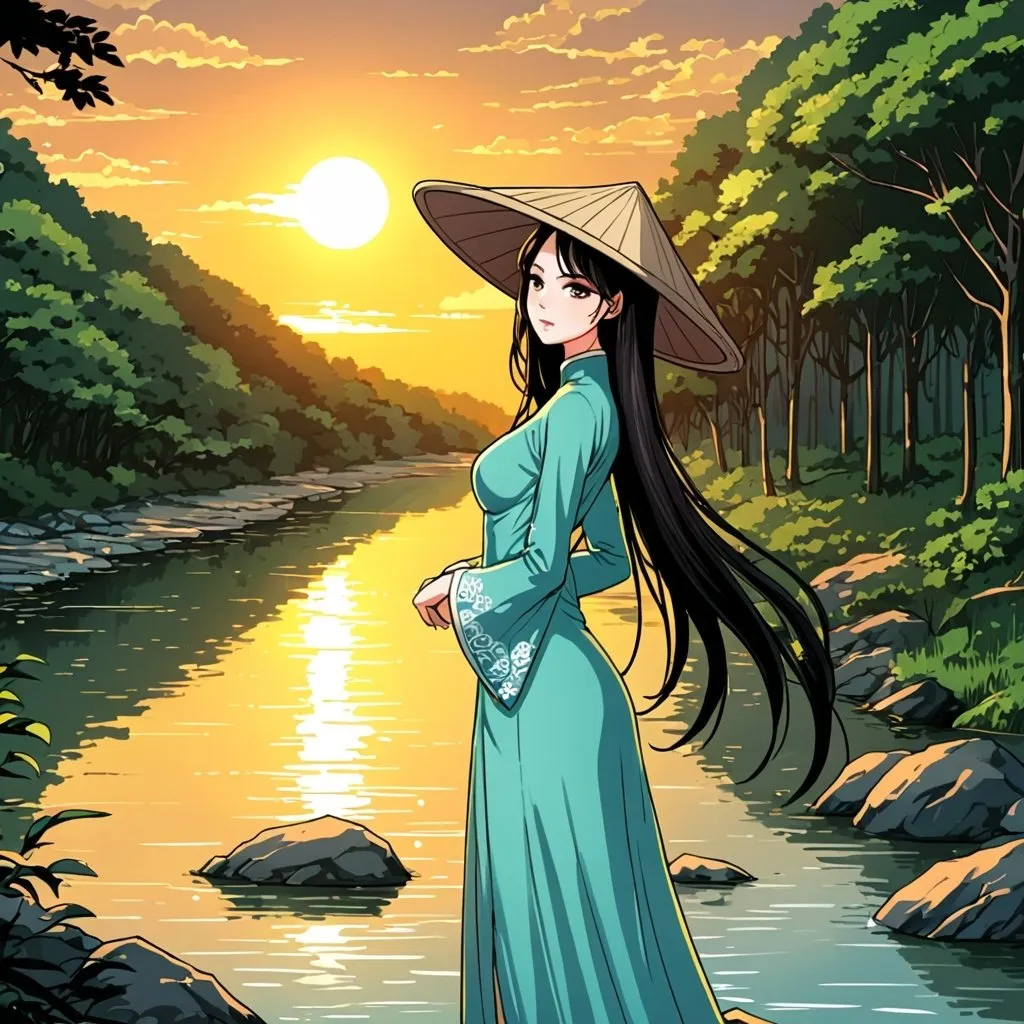 Prompt: Art style Manhwa , beautiful girl has long hair with conical hat and hot body wearing beautiful Ao Dai , forest and river, sun set , very detailed