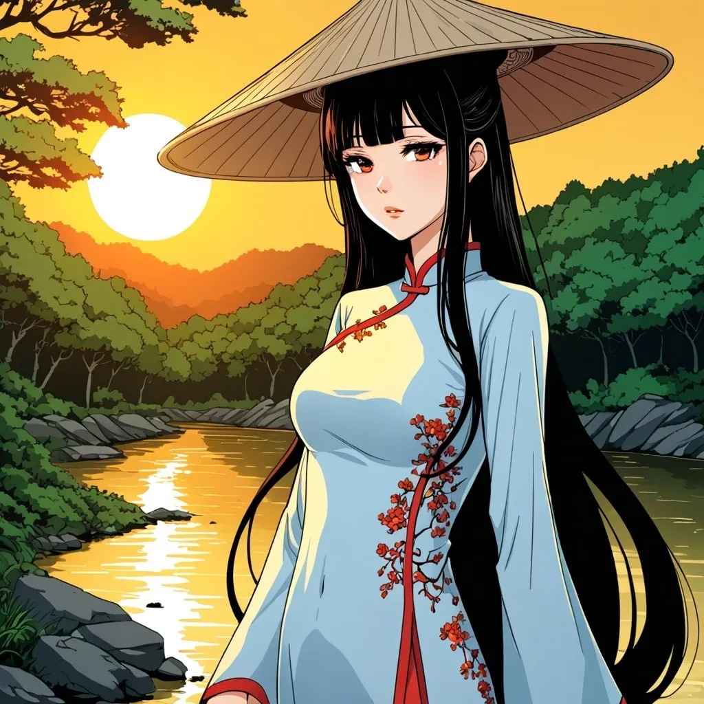 Prompt: Art style Manhwa , beautiful girl has long hair with conical hat and hot body wearing beautiful Ao Dai , forest and river, sun set , very detailed