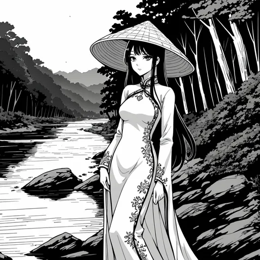 Prompt: Art style Manhwa , black and white line , beautiful girl has long hair with conical hat and hot body wearing beautiful Ao Dai , forest and river, sunset , very detailed