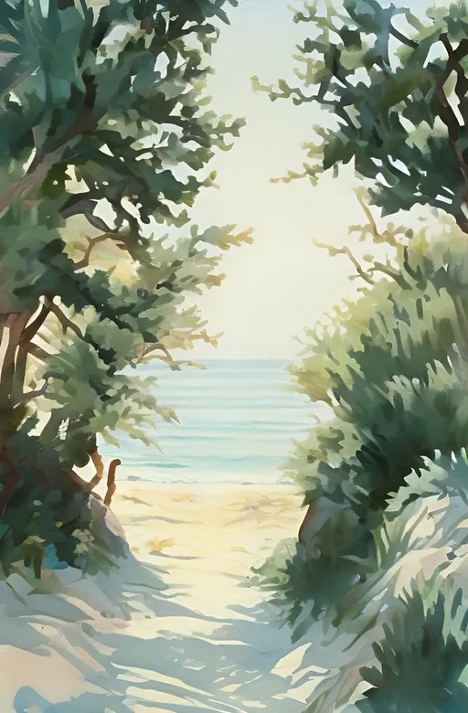 Prompt: A painting of a bright sunny entrance to the beach between dry bushes and green pine trees.