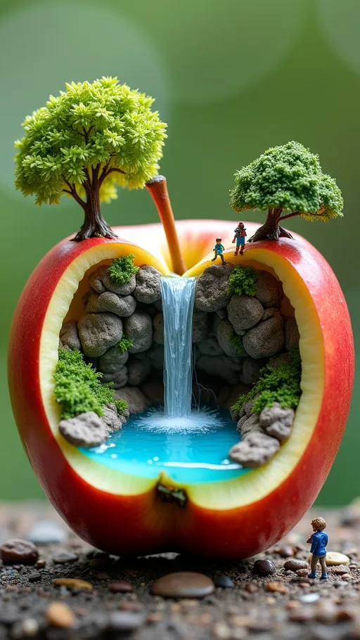 Prompt: A visually arresting surreal artwork where a split apple forms a vibrant, miniature realm. The lower section contains a tranquil, clear-blue pond encircled by lush trees and realistic stones, and the upper part drizzles a delicate waterfall. Minute figures add a touch of charm as they interact with this captivating microcosm.