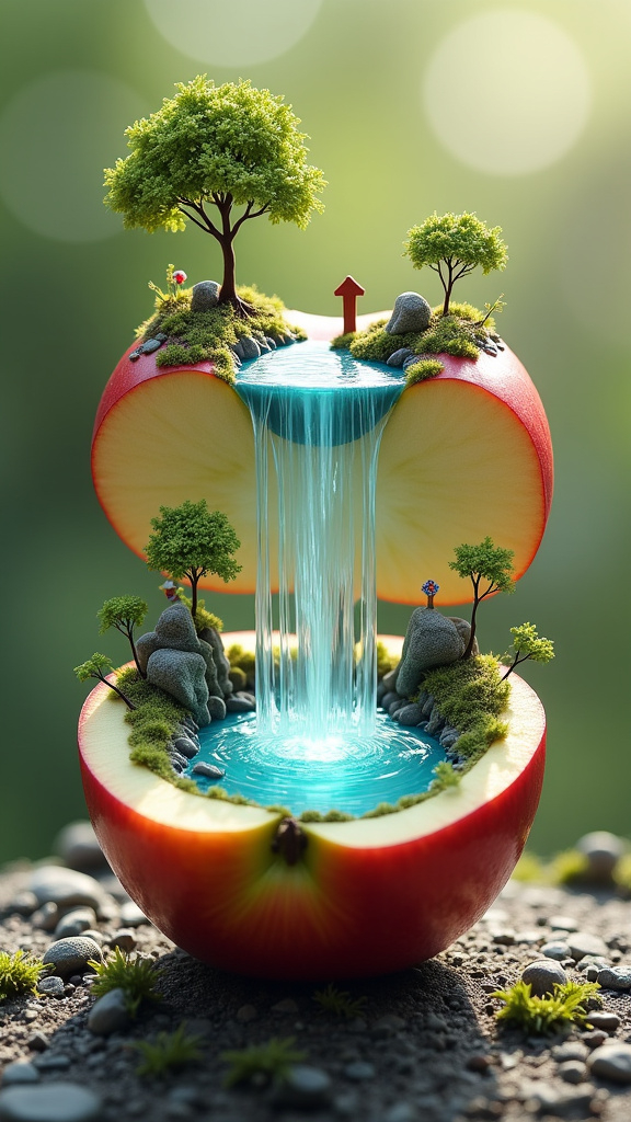 Prompt: An imaginative digital art piece turning a halved apple into a whimsical ecosystem. The bottom reveals a radiant pond surrounded by intricately detailed miniature trees and stones, while the top floats gracefully overhead, releasing a soft cascade of water. Small figures bring life to this enchanting, otherworldly scene.