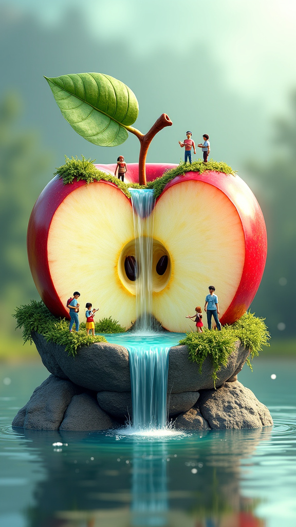 Prompt: A modern, surreal digital illustration reimagining a halved apple as a captivating micro-world. The bottom half cradles a shimmering pond set against detailed, lush greenery and smooth rocks, while the top half gracefully showers a gentle waterfall. Tiny characters partake in various activities, enhancing the magic of this delightful scene.