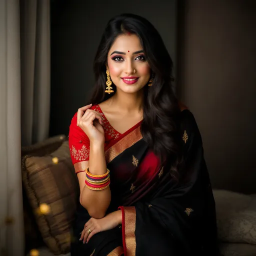 Prompt: Draped in a striking combination of vibrant red and elegant black, the woman in traditional attire exudes confidence and grace as she poses for the camera. Her eye-catching red blouse, adorned with intricate patterns and short sleeves, contrasts beautifully with the flowing black saree that features subtle vertical stripes. With her long hair cascading down one side and a delicate nose ring accentuating her features, she showcases traditional adornments, including colorful bangles on her wrist and a necklace that completes her look. The backdrop hints at a cozy indoor setting, with muted colors and textures that add warmth to the scene, emphasizing her radiant beauty and the cultural richness of her attire. The soft lighting highlights her features, creating a mood of celebration and elegance as she captures a moment of personal expression.