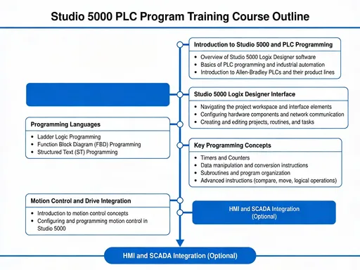 Prompt: Here's a course outline for Studio 5000 PLC program training:

*Introduction to Studio 5000 and PLC Programming*

- Overview of Studio 5000 Logix Designer software
- Basics of PLC programming and industrial automation
- Introduction to Allen-Bradley PLCs and their product lines
 ¹ ² ³

*Studio 5000 Logix Designer Interface*

- Navigating the project workspace and interface elements
- Configuring hardware components and network communication
- Creating and editing projects, routines, and tasks
 ³ ⁴

*Programming Languages*

- Ladder Logic Programming
- Function Block Diagram (FBD) Programming
- Structured Text (ST) Programming
 ¹ ³

*Key Programming Concepts*

- Timers and Counters
- Data manipulation and conversion instructions
- Subroutines and program organization
- Advanced instructions (compare, move, logical operations)
 ³ ⁵

*Motion Control and Dri
ve Integration*

- Introduction to motion control concepts
- Configuring and programming motion control in Studio 5000
 ³

*HMI and SCADA Integration (Optiona