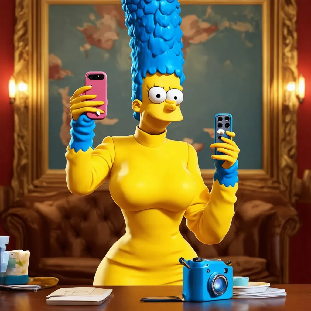 Prompt: Create an ultra-realistic image featuring Marge Simpson styled as a real person. Marge Simpson should have her signature tall blue hair, be wearing a stylish yellow outfit, and taking a selfie with a smartphone as she poping benzodiazepines pills in her mouth that has a recognizable camera design on the back. The background should reflect an opulent interior setting. The image should have a DPI of 1200 and an 8K resolution.