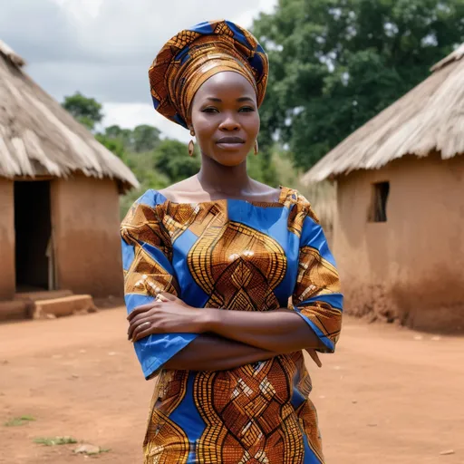 Prompt: •	Setting: Kemi is standing with arms crossed, speaking firmly to Sarah about the importance of prayer and faith. She is dressed in a modern yet traditional African style, her outfit reflecting her strong, protective personality.
•	Image Prompt: "A confident African woman, Kemi, standing with arms crossed in a well-constructed but humble village setting. She’s dressed in a mix of modern and traditional African attire, perhaps a brightly colored blouse with a wrapped skirt, showing strength and protection. Her face is serious as she gives Sarah a stern piece of advice."

