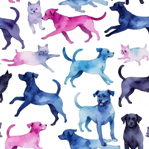 Prompt: digital watercolor paper pack with 10 pages featuring a variety.   dogs and cats running and playing together with monochrome colors of blue and fushcia 


