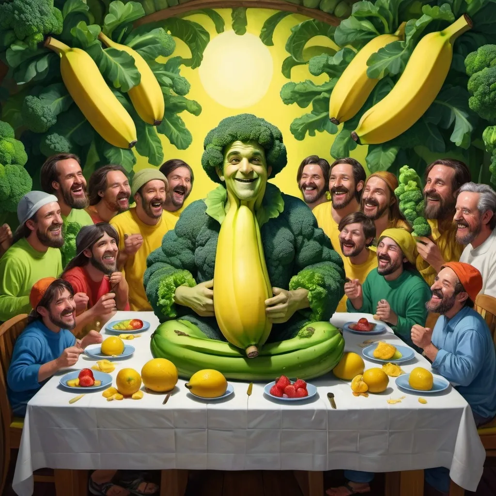 Prompt: draw the last supper, but with Broccoli Man in the center and six giant bananas on each side