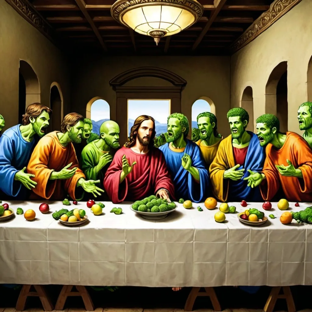 Prompt: draw the last supper, but replace Jesus with Broccoli Man and replace the disciples with human fruits