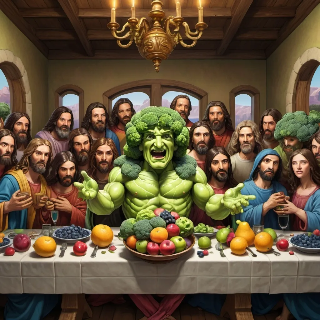 Prompt: draw The Last Supper but replace Jesus with a humanoid Broccoli and replace all other people with humanoid fruits