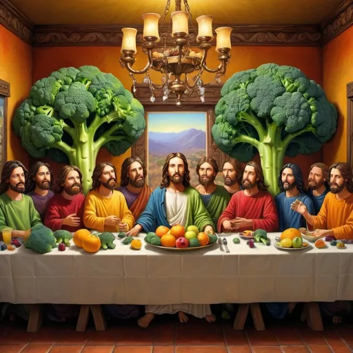 Prompt: draw the last supper, but replace Jesus with a giant broccoli and replace the disciples with various fruits