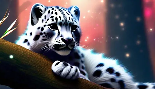 Prompt: a baby translucent fluffy snow leopard that is glowing, white and dark red and black molted fur, bioluminescent, lush bamboo forest background, glitter, beneath the stars, highres, masterpiece, uhd, 64k, best quality, concept art