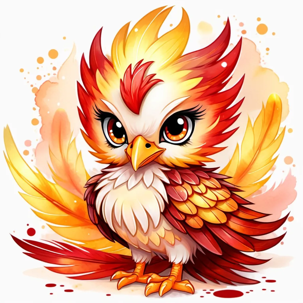 Prompt: A sad Chibi phoenix, dark red and light orange molted feathers with a red crest that stretches from head to tail and pointy sharp legs, this creature is kawaii and adorable, soft yellow splash background, Masterpiece, Best Quality, in watercolor painting art style