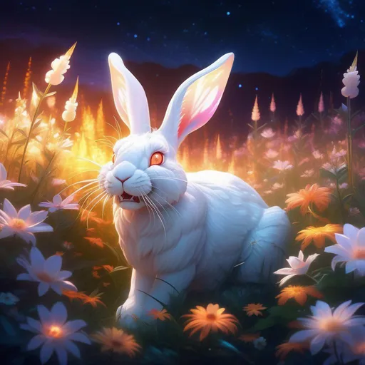Prompt: A fantasy translucent albino hybrid rabbit-tiger with sharp fangs that is glowing, in a meadow clearing surrounded by flowers, sunrise, beneath the stars, bioluminescent, highres, best quality, concept art