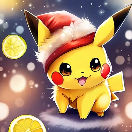 Prompt: watercolor paint art style, A FURRY CHIBI Pikachu wearing a Santa hat, dark yellow and light yellow molted fur with a lemon mane that stretches from head to tail and pointy sharp legs, enormous happy eyes, this creature is festive and cheerful, festive splash background, Best Quality