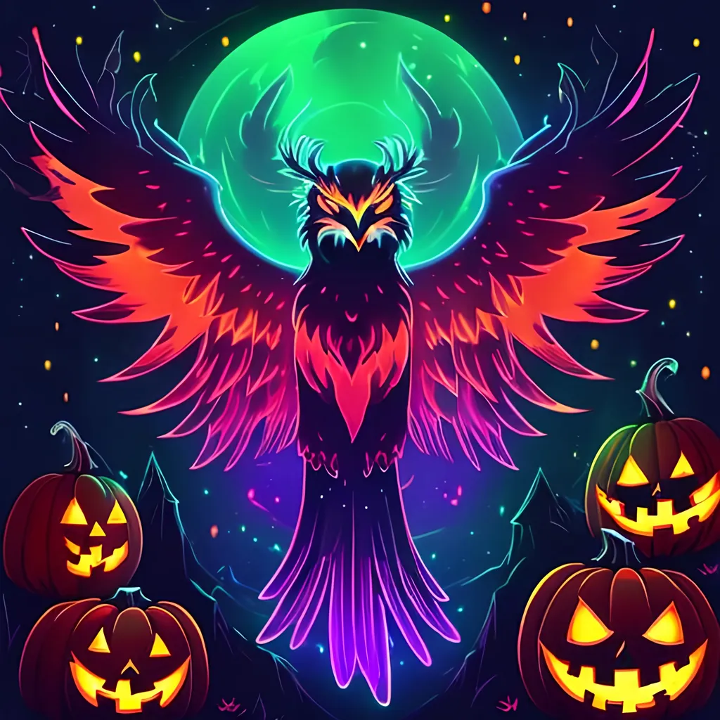 Prompt: Spooky bioluminescent phoenix in Halloween colors that is glowing, surrounded by jack-o'-lanterns, sunset, evil aura, hand drawn, best quality, masterpiece, highres, uhd