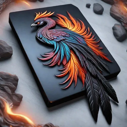 Prompt: A coloured phoenix carved into a legendary obsidian tablet, sleek design, with long elegant feathers, masterpiece, best quality, uhd, concept art