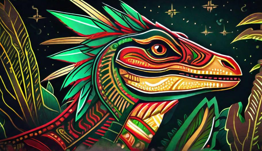 Prompt: a translucent velociraptor in white and red and green and gold that is glowing, bioluminescent, beneath the stars, in the jungle, aztec art style