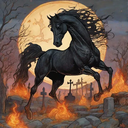 Prompt: A black skeletal horse with fire raising from its hooves, Halloween colors, twilight graveyard background, masterpiece, hand drawn, concept art, art by Rebecca Guay 