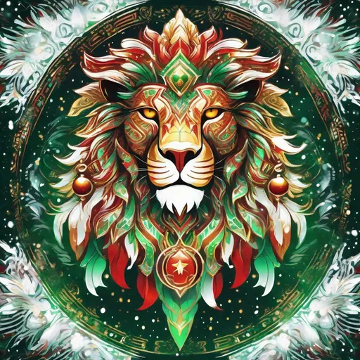 Prompt: a fantasy translucent lion phoenix in white and red and green and gold that is glowing, wearing jingle bells, bioluminescent, beneath the stars, in the winter snow, aztec art style