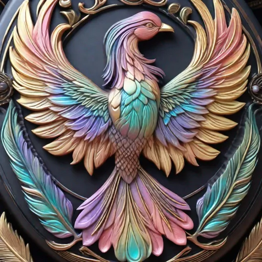 Prompt: A faded rainbow pastel phoenix carved into an ancient pearl tablet, sleek design, with long elegant feathers, masterpiece, best quality, uhd, concept art
